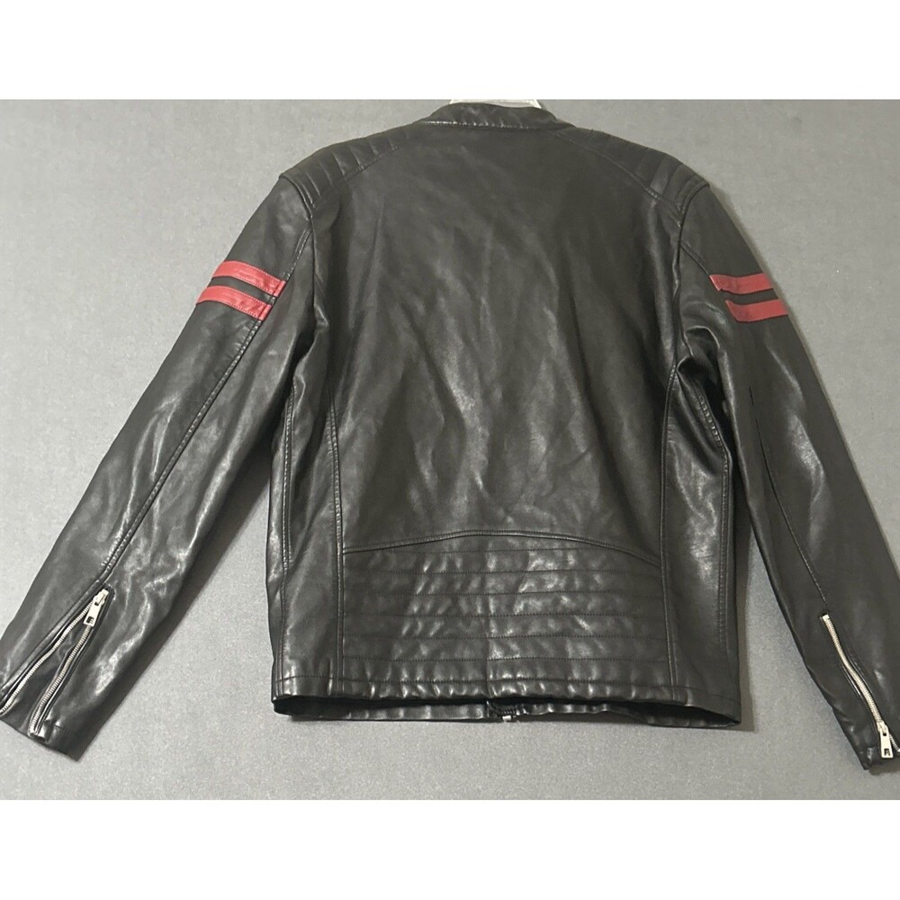 Zara Man Black Faux Leather Moto Biker Jacket Red Stripes Men's Size L Large - Picture 6 of 10